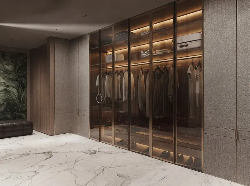Bookmatched Marble Bronze Dressing Room, an interior designed with MeltFlex AI