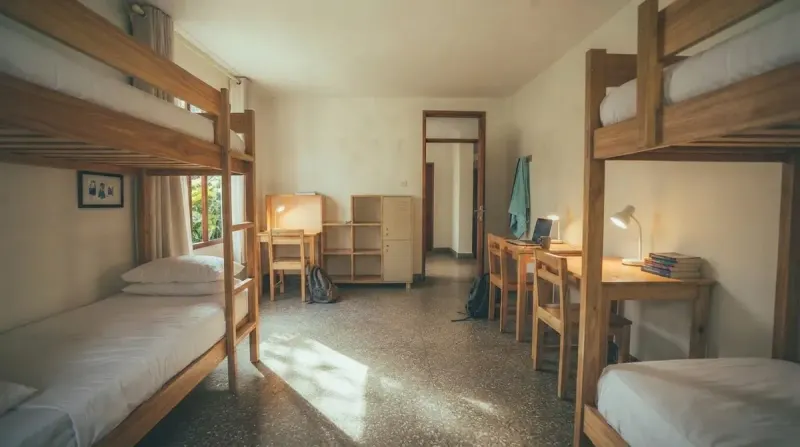 Dorm Room designed with MeltFlex AI: Bright Dorm Bunk Beds Study Desks