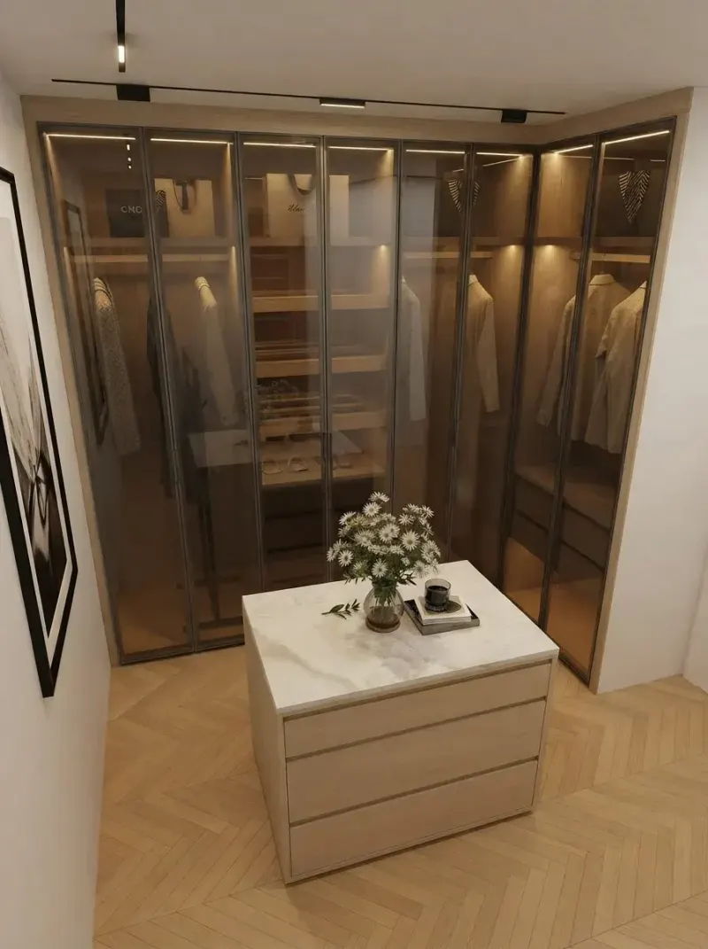 Closet designed with MeltFlex AI: Bronze Glass Walk In Closet