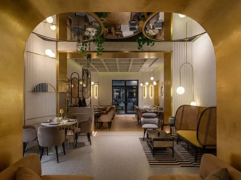 Cafe & Bar designed with MeltFlex AI: Brushed Gold Arch Cafe