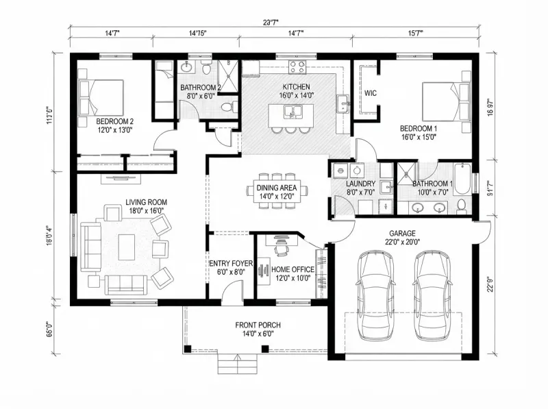 Floor Plan designed with MeltFlex AI: Bungalow With Office And Gym