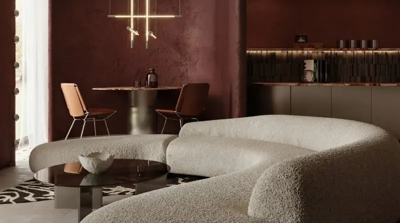 Living Room designed with MeltFlex AI: Burgundy & Bouclé Living Room