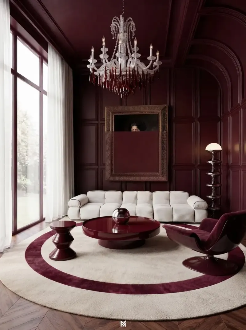 Living Room designed with MeltFlex AI: Burgundy Lacquer Salon