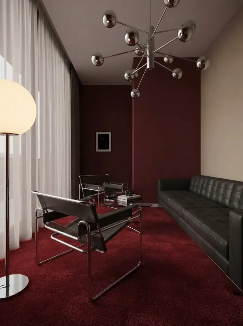 Living Room designed with MeltFlex AI: Burgundy Lounge, Black Leather Sofa