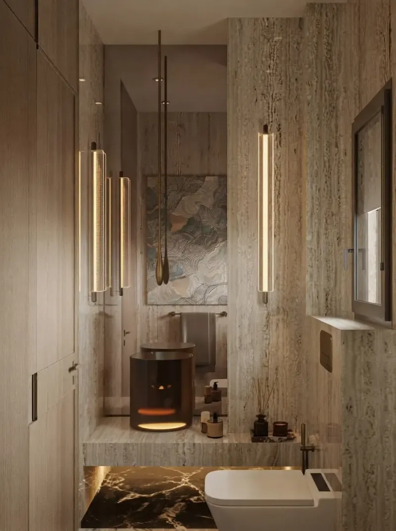 Bathroom designed with MeltFlex AI: Candlelit Travertine Bathroom