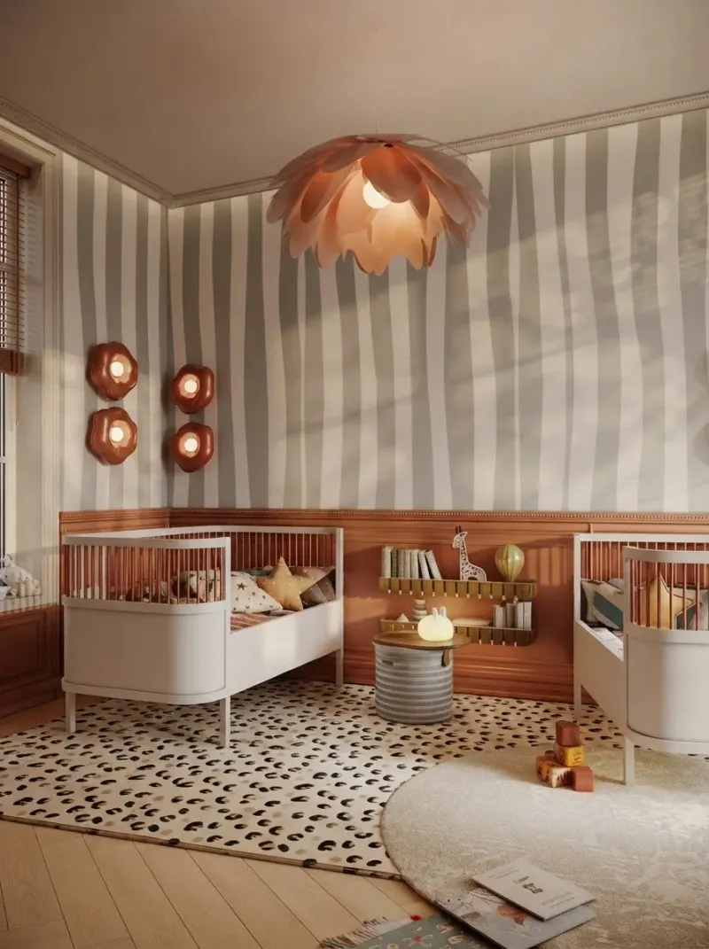Kids Room designed with MeltFlex AI: Stripes and the Raccoon