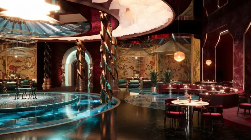 Carved Red Pool Hall, an interior designed with MeltFlex AI