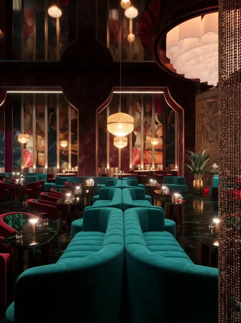 Restaurant designed with MeltFlex AI: Carved Red Wall Fine Dining