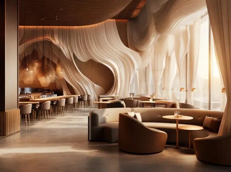 Restaurant designed with MeltFlex AI: Carved Wave Wall Restaurant