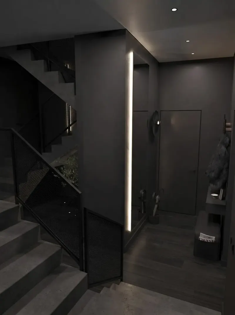 Hallway designed with MeltFlex AI: Charcoal Entry, Glazed Front Door