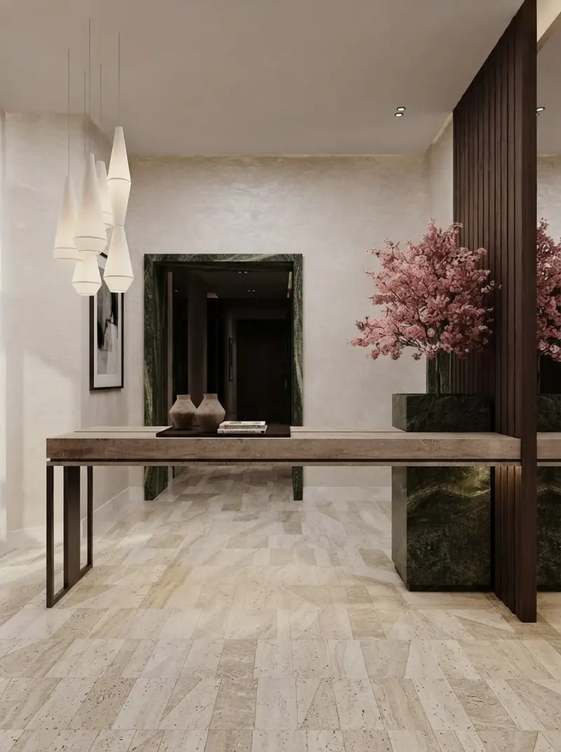 Hallway designed with MeltFlex AI: Cherry Blossom Travertine Hall