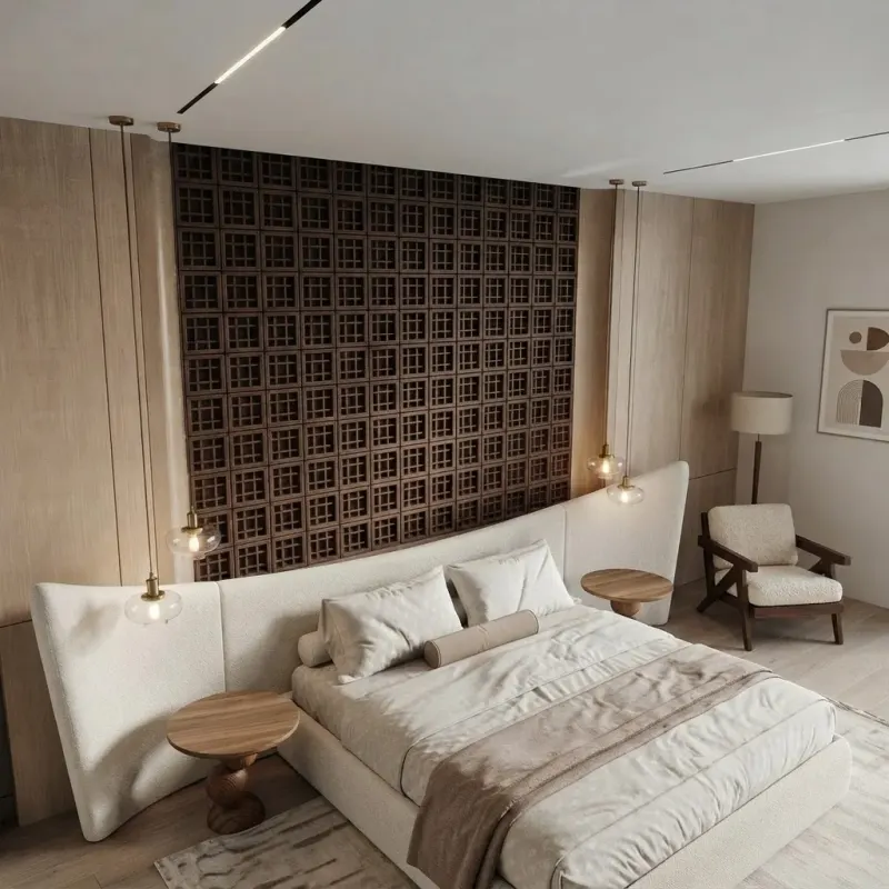 Bedroom designed with MeltFlex AI: Chocolate Lattice Wall Bedroom