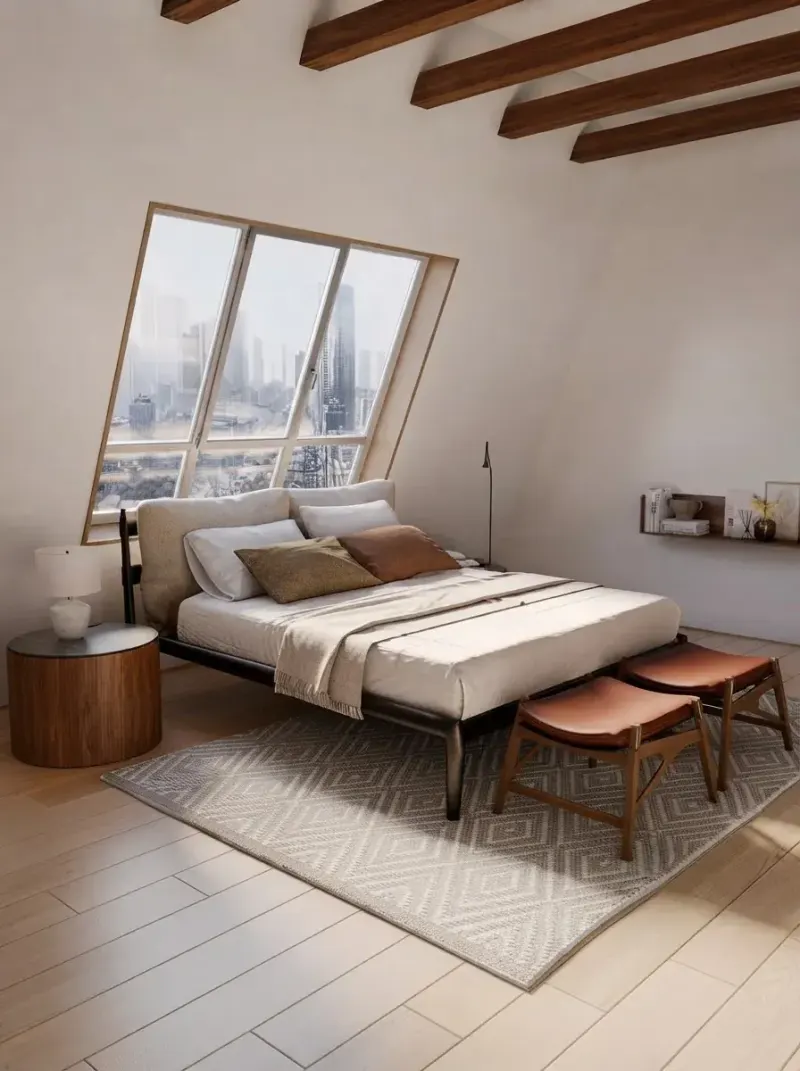 Bedroom designed with MeltFlex AI: City View Attic Bedroom