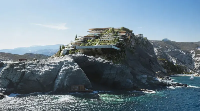 Exterior designed with MeltFlex AI: Clifftop Sea View Villa
