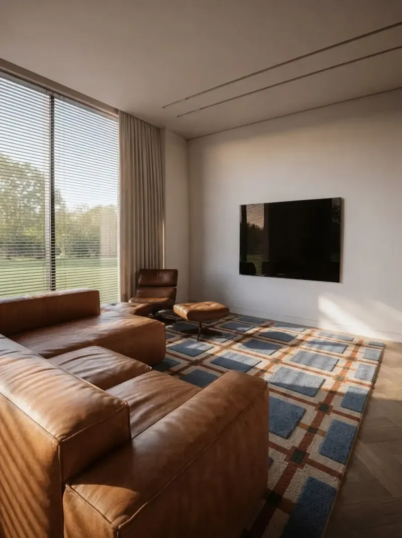 Living Room designed with MeltFlex AI: Cognac Leather Den with a Plaid Rug