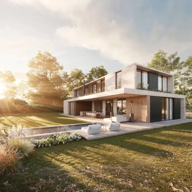 Exterior designed with MeltFlex AI: Concrete Timber Box House