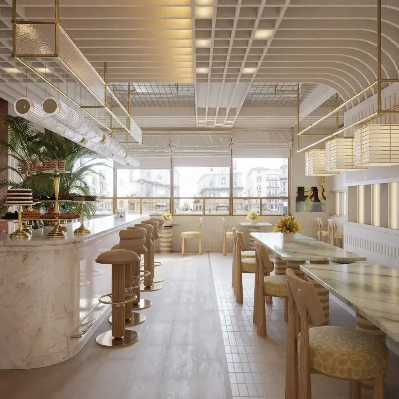 Restaurant designed with MeltFlex AI: Cream Marble Daytime Bistro