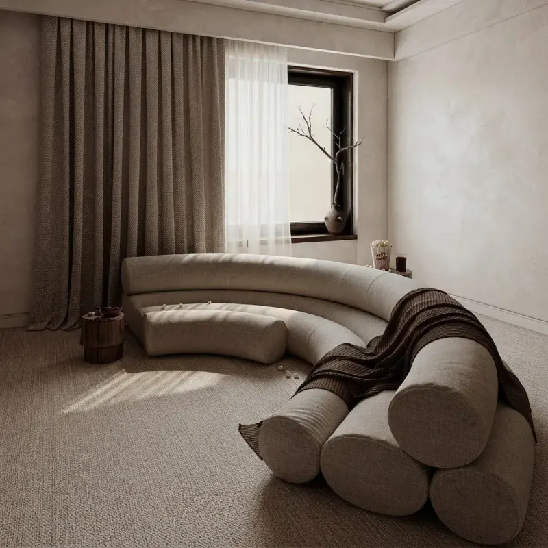 Living Room designed with MeltFlex AI: Curved Sofa Fireplace Lounge