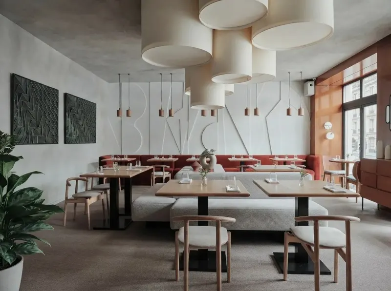 Restaurant designed with MeltFlex AI: Cylinder Light Red Banquette