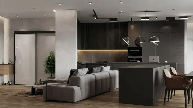 Living Room designed with MeltFlex AI: Dark Loft Apartment Living