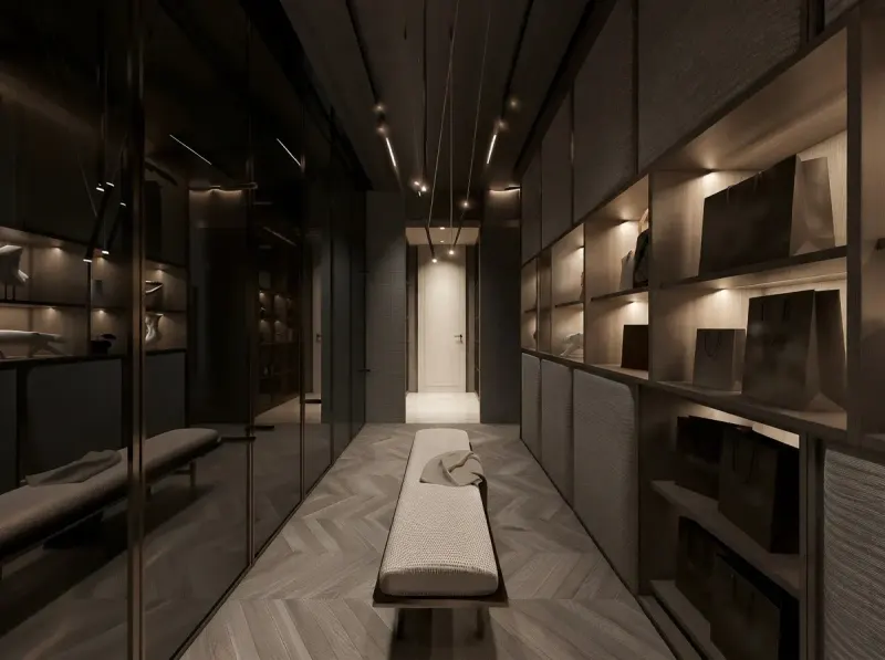 Bedroom designed with MeltFlex AI: Dark Luxury Master & Dressing