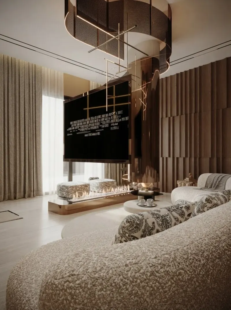 Living Room designed with MeltFlex AI: Dark Relief Plaster Lounge