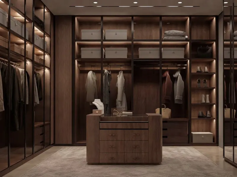 Closet designed with MeltFlex AI: Dark Walnut Jewellery Island Closet