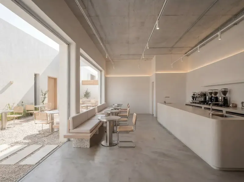 Restaurant designed with MeltFlex AI: Draped Fabric, Terrazzo Bench