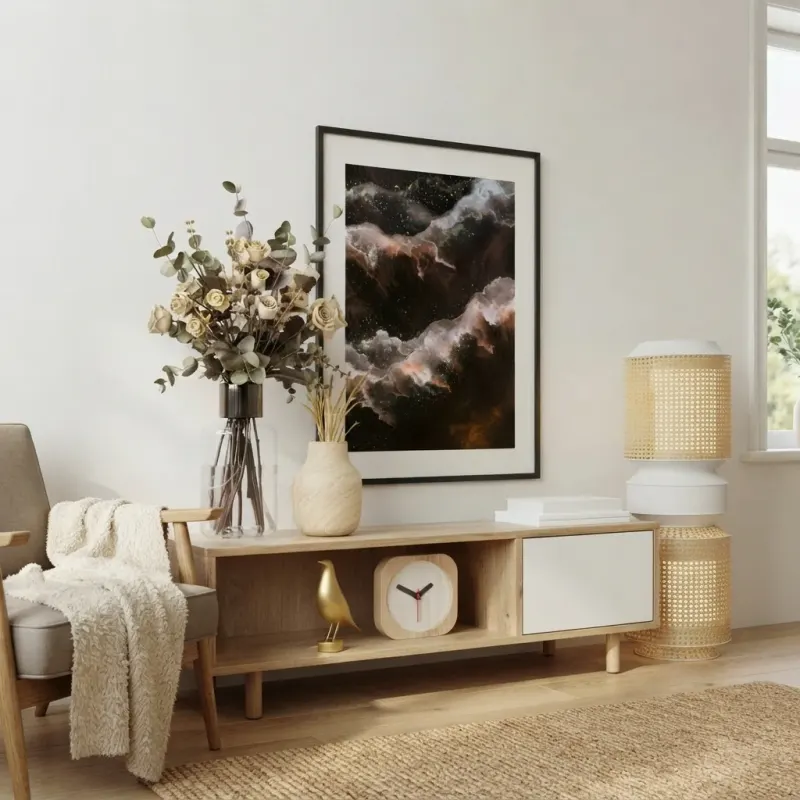 Living Room designed with MeltFlex AI: Ethereal Print Above the Console