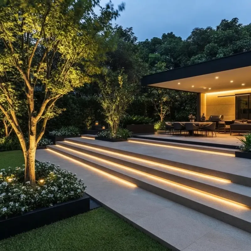 Garden designed with MeltFlex AI: Evening Lawn with Lit Steps