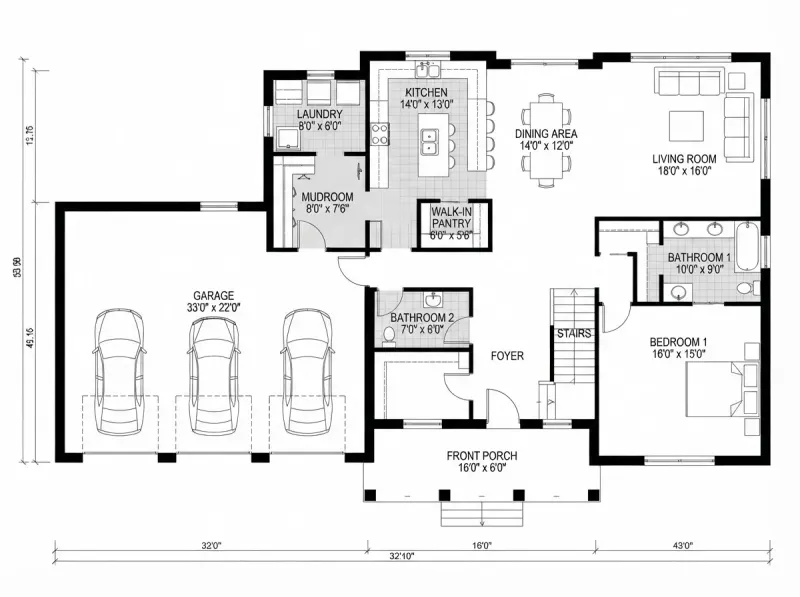 Floor Plan designed with MeltFlex AI: Farmhouse Plan With Pantry And Mudroom