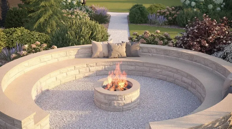 Landscape designed with MeltFlex AI: Fire Pit Pergola Swing Garden
