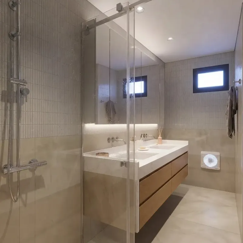 Bathroom designed with MeltFlex AI: Floating Oak Double Vanity