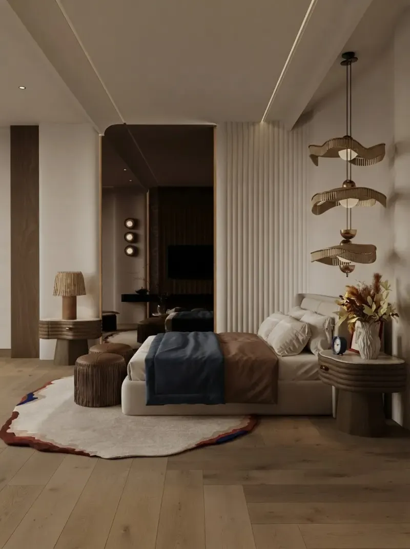 Bedroom designed with MeltFlex AI: Fluted Wood And Mural Bedroom