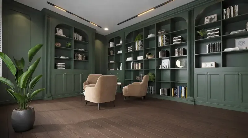 Office designed with MeltFlex AI: Forest Green Library Room