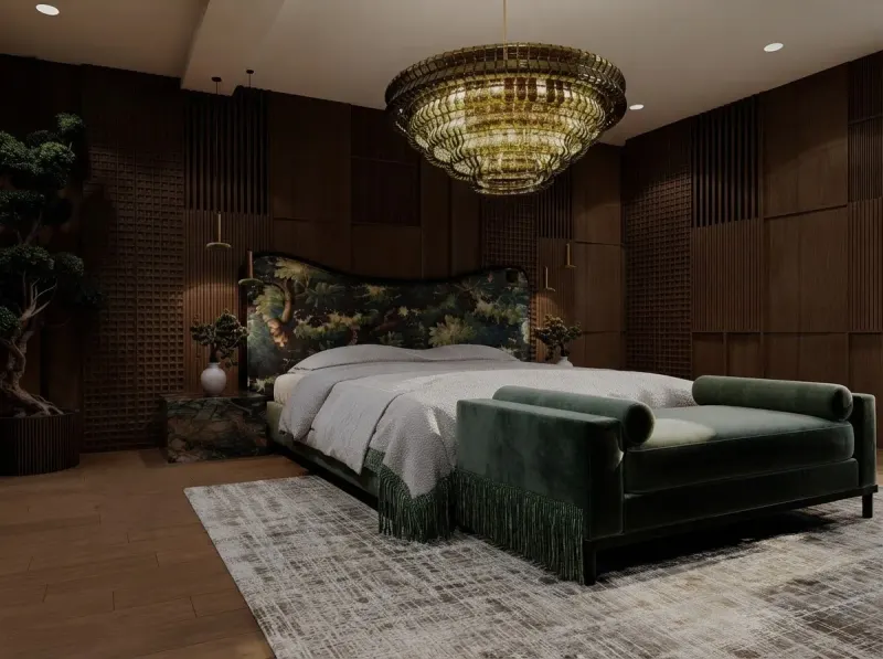 Forest Tapestry Marble Bedroom, an interior designed with MeltFlex AI