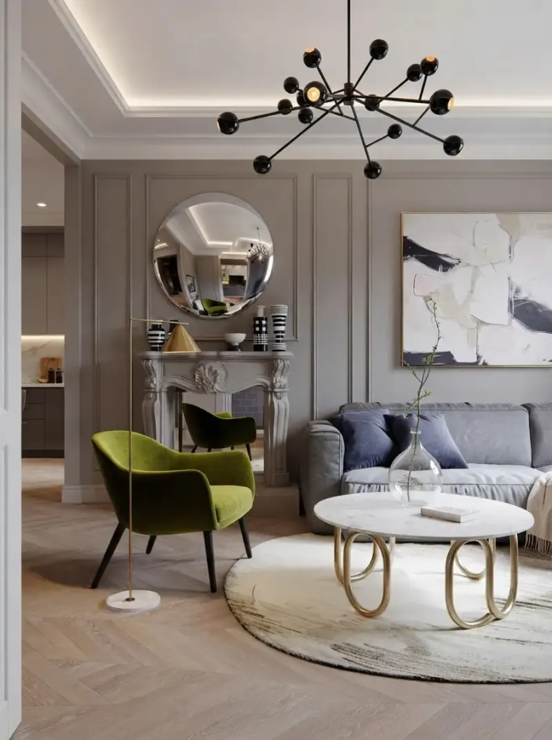 Living Room designed with MeltFlex AI: French Grey Panelled Living