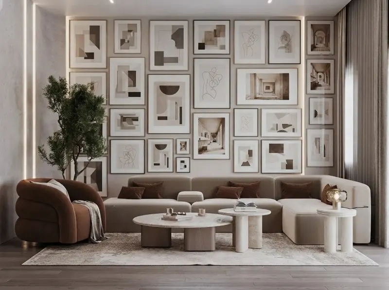 Living Room designed with MeltFlex AI: Full Wall Gallery, Taupe Living
