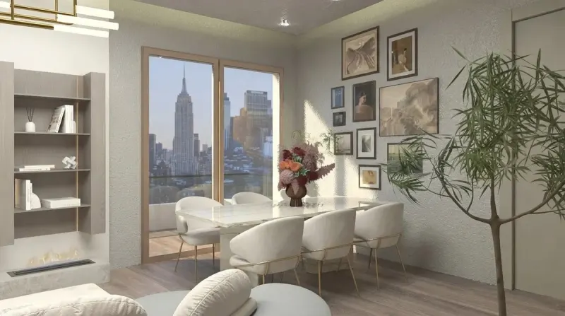 Dining Room designed with MeltFlex AI: Gallery Wall City View Dining