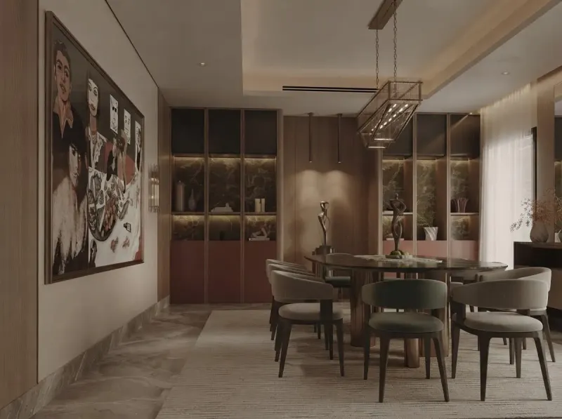 Dining Room designed with MeltFlex AI: Gallery Wall Walnut Dining
