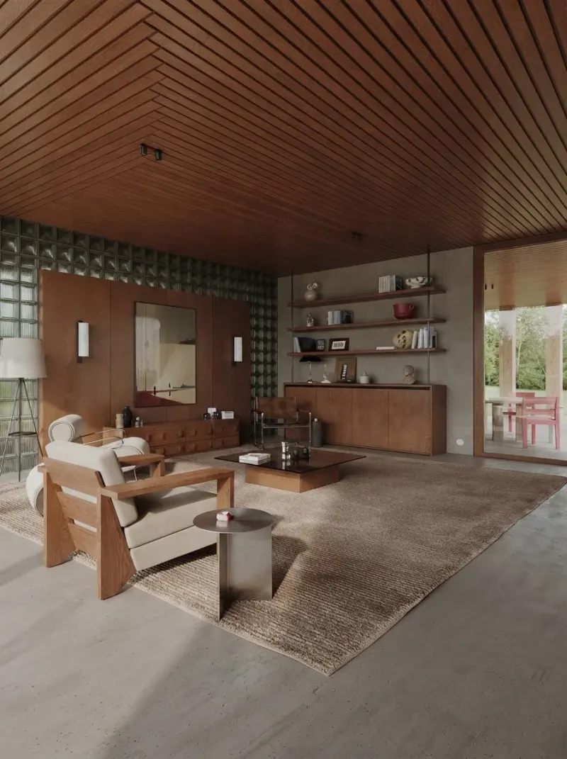 Living Room designed with MeltFlex AI: Glass Block And Walnut Living Room