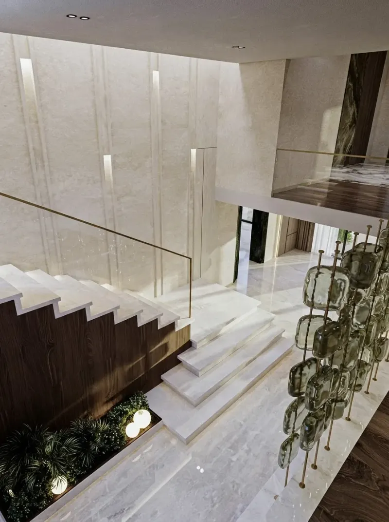 Stairs designed with MeltFlex AI: Glass Disc Screen White Stairs