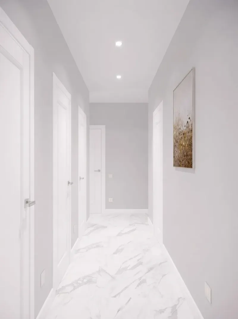Hallway designed with MeltFlex AI: Gold Console Sunburst Entry
