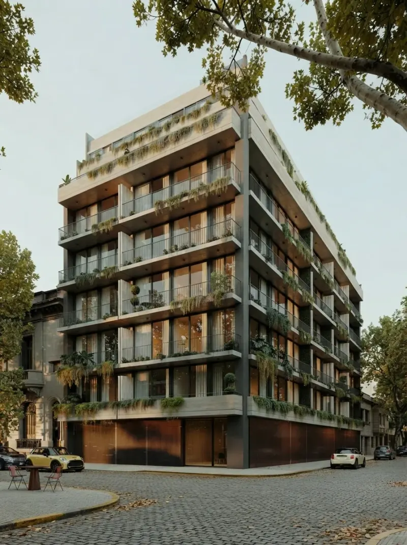 Exterior designed with MeltFlex AI: Green Balcony Apartment Block