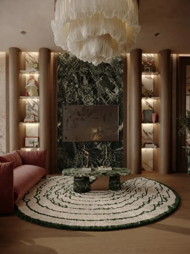 Living Room designed with MeltFlex AI: Green Marble Arch Living Room