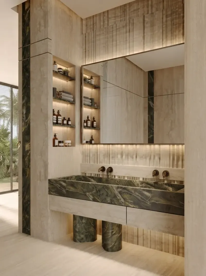 Bathroom designed with MeltFlex AI: Green Marble Powder Room