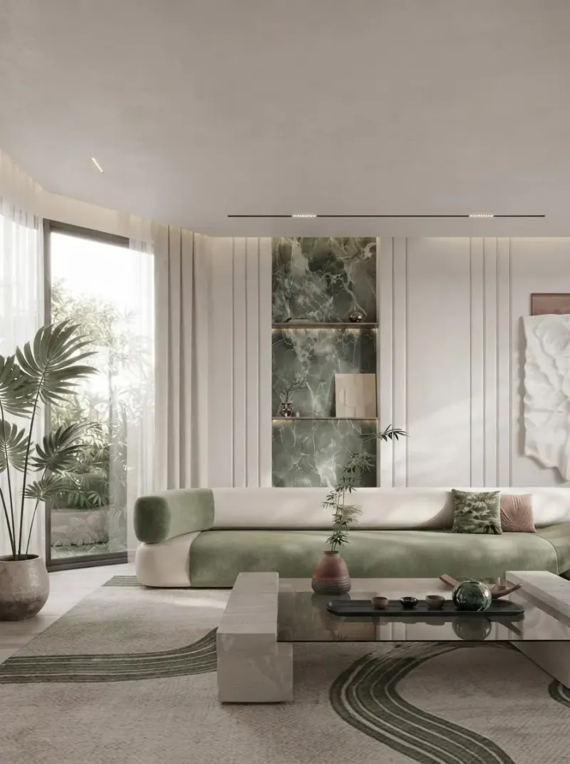 Living Room designed with MeltFlex AI: Green Marble Slab Living Room
