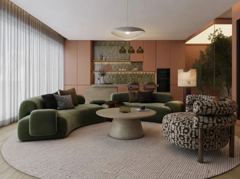 Living Room designed with MeltFlex AI: Green Sofa Open Kitchen Living