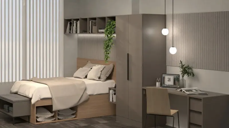 Dorm Room designed with MeltFlex AI: Greige Single Dorm Storage Bed