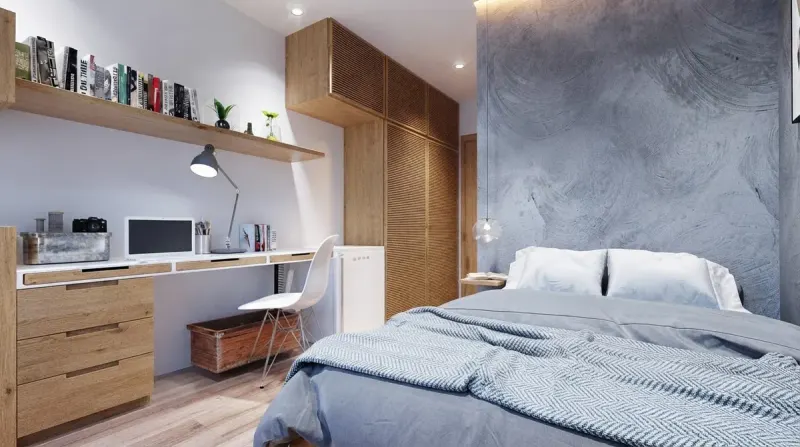 Dorm Room designed with MeltFlex AI: Grey Plaster Single Dorm Desk
